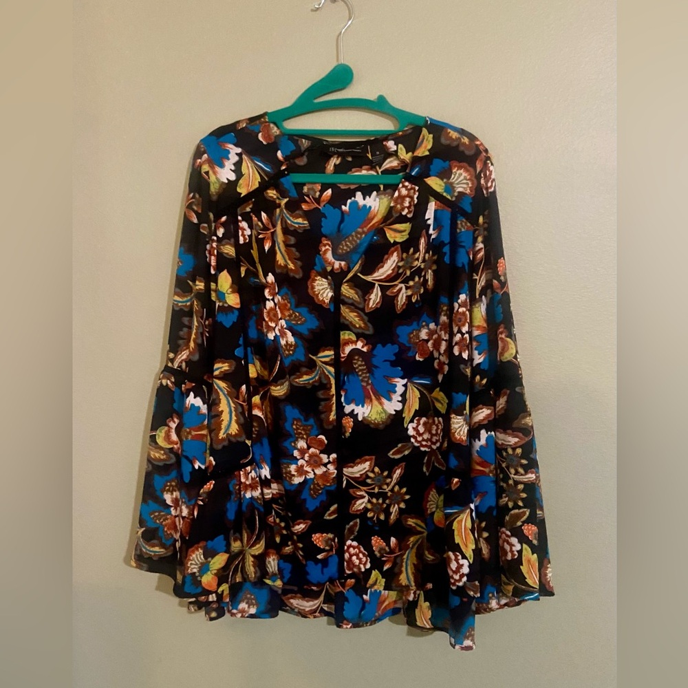 INC International Concepts Brown and Blue Asymmetrical Ruffled Blouse